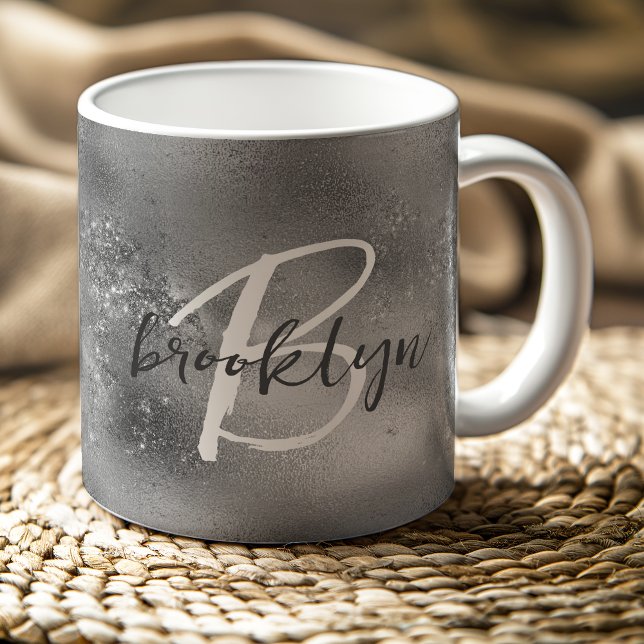 Glam Silver Trendig Skript Monogram Kaffemugg (Skapare uppladdad)