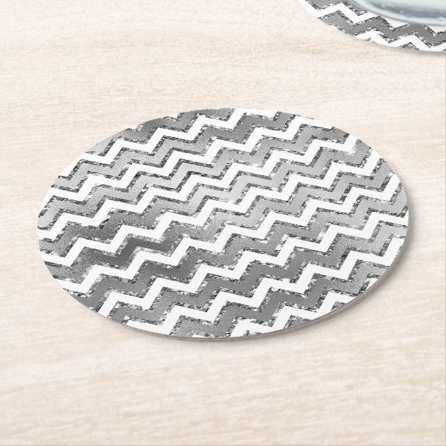 Glam Silver White Zigzag Rand Underlägg Papper Rund (Vinklad)