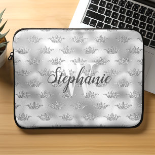 Glam Silverfolie Glitter Kronmönster Monogram Laptop Fodral