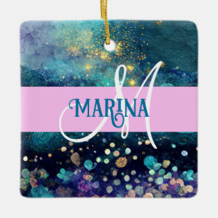 Glam Sjöjungfru Aqua Guld Glitter Sparkles Monogra Julgransprydnad Keramik
