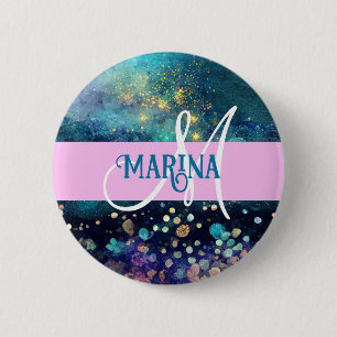 Glam Sjöjungfru Aqua Guld Glitter Sparkles Monogra Knapp