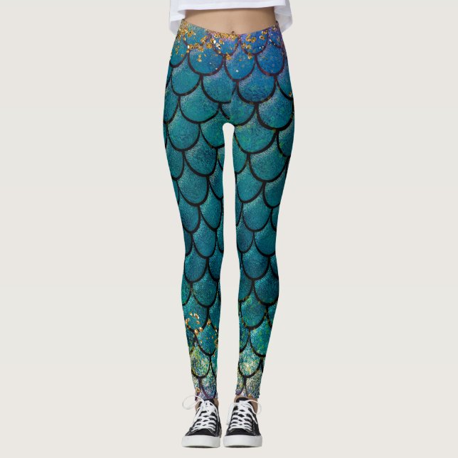 Glam Sjöjungfru Fish Scales Teal Lila Guld Gnistra Leggings (Framsida)