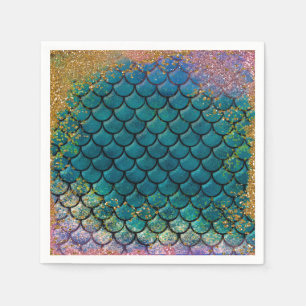 Glam Sjöjungfru Fish Scales Teal Lila Guld Gnistra Pappersservett