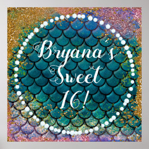 Glam Sjöjungfru Fish Scales Teal Lila Guld Gnistra Poster