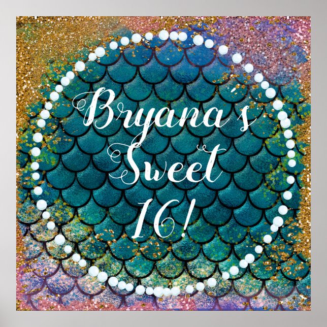 Glam Sjöjungfru Fish Scales Teal Lila Guld Gnistra Poster (Framsidan)