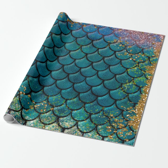 Glam Sjöjungfru Fish Scales Teal Lila Guld Gnistra Presentpapper (Utrullad)