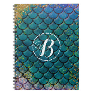 Glam Sjöjungfru Fiskfjäll Teal Lila Guld Glitter Anteckningsbok