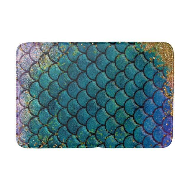 Glam Sjöjungfru Fiskfjäll Teal Lila Guld Glitter Badrumsmatta (Framsidan)
