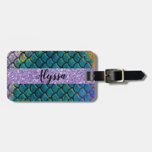 Glam Sjöjungfru Fiskfjäll Teal Lila Guld Glitter Bagagebricka (Horisontell Framsida)