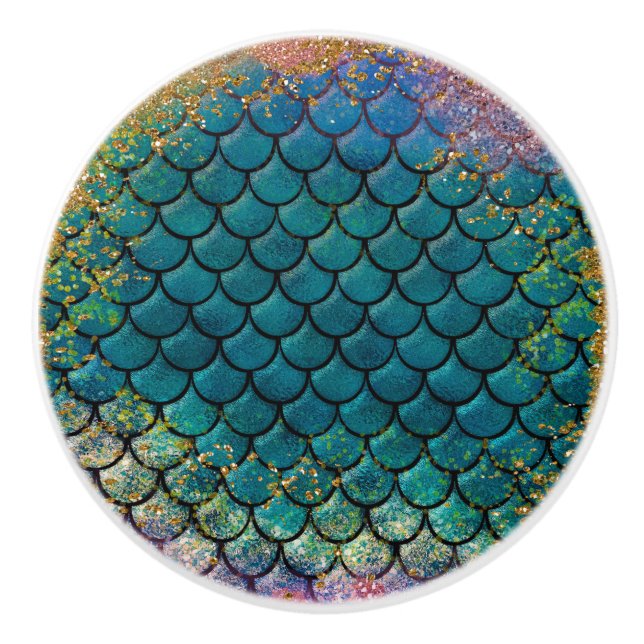 Glam Sjöjungfru Fiskfjäll Teal Lila Guld Glitter Knopp (Framsidan)