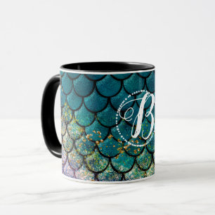Glam Sjöjungfru Fiskfjäll Teal Lila Guld Glitter Mugg