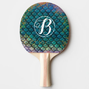 Glam Sjöjungfru Fiskfjäll Teal Lila Guld Glitter Pingisracket