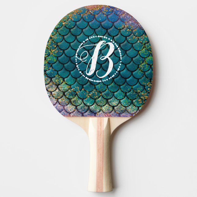 Glam Sjöjungfru Fiskfjäll Teal Lila Guld Glitter Pingisracket (Framsidan)