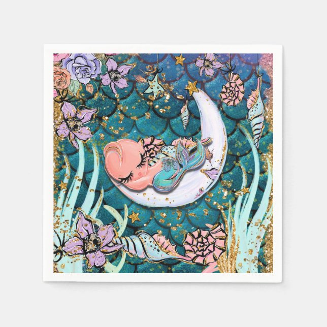 Glam Sjöjungfru Guld Glitter Boys Baby Shower Pappersservett (Framsidan)