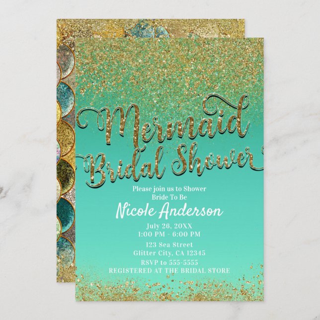 Glam Sjöjungfru Möhippa Guld Glitter & Teal Inbjudningar (Fram/baksida)
