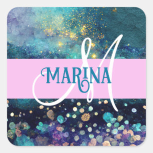 Glam Sjömermaid Aqua Guld Glitter Gnistrar Monogra Fyrkantigt Klistermärke