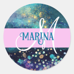Glam Sjömermaid Aqua Guld Glitter Gnistrar Monogra Runt Klistermärke