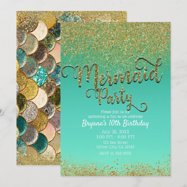 Glam Sjömermaid Fest Glitterguld & Teal Födelsedag Inbjudningar (Fram/baksida)