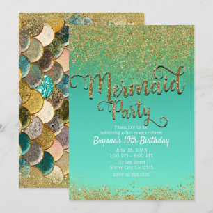 Glam Sjömermaid Fest Glitterguld & Teal Födelsedag Inbjudningar
