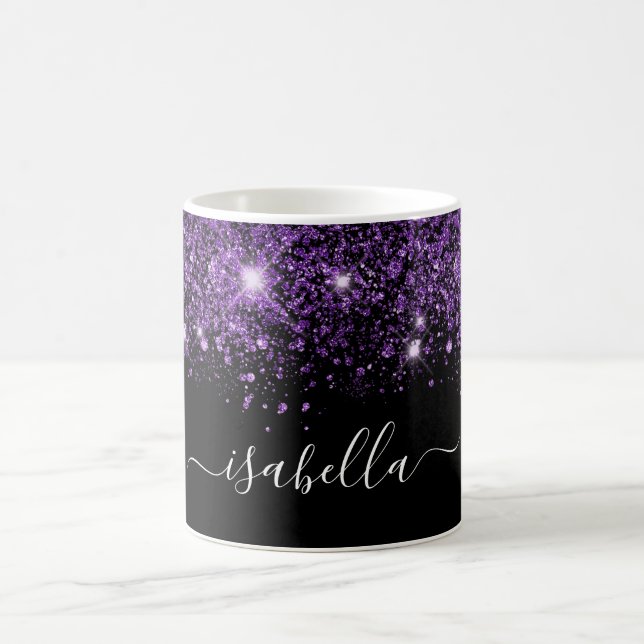Glam skript för svart lila glitter namn kaffemugg (Center)