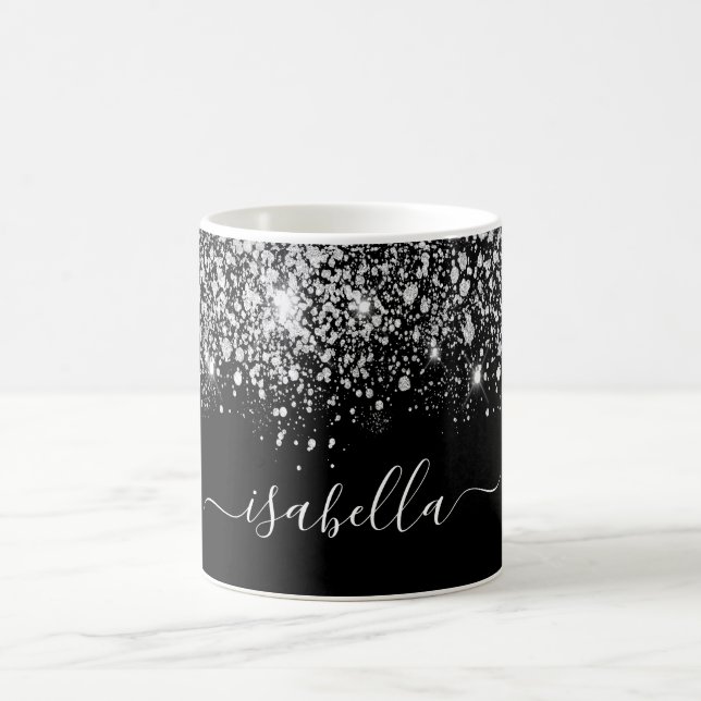 Glam skript för svart silver glitter namn kaffemugg (Center)