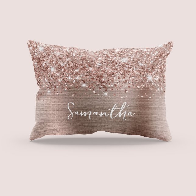 Glam-skript Namn i Glittery Ro Guld Prydnadskudde (Glittery Rose Gold Glam Script Name Accent Pillow)