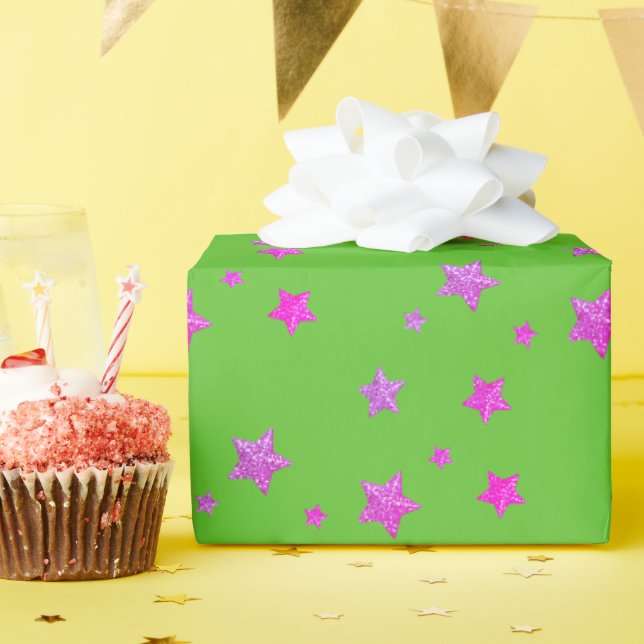 Glam Söt Tjejaktig Grön Rosa Glittrig Stjärnmönste Presentpapper (Födelsedagsfest)
