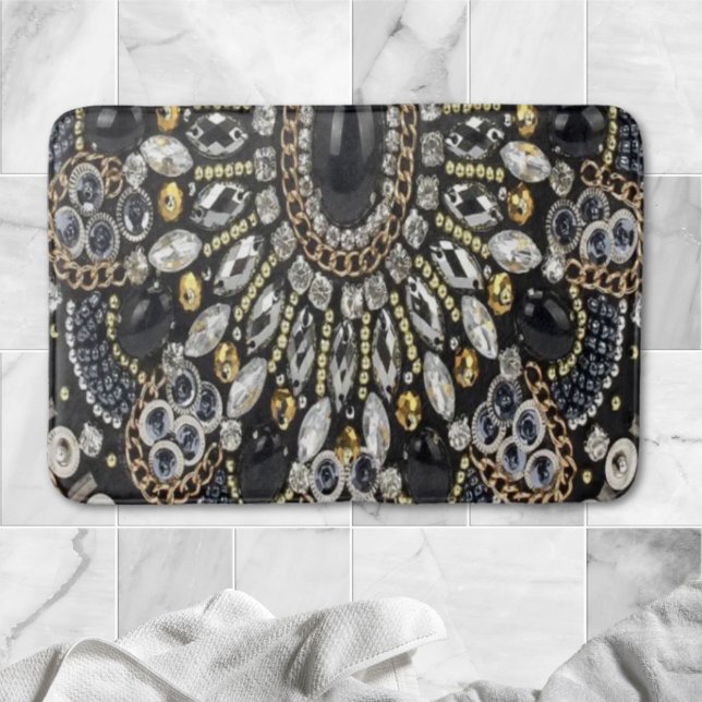 Glam sparkles art deco Black guld rhinestone Badrumsmatta (art deco black and gold bohemian pattern bath mat)