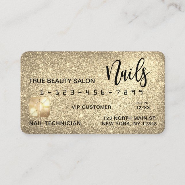Glam Sparkly Guld Glitter Kredit Card Nagel Tech Visitkort (Framsida)