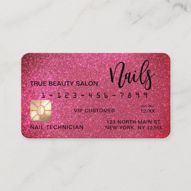 Glam Sparkly Rosa Glitter Kredit Card Nagel Tech Visitkort (Framsida)