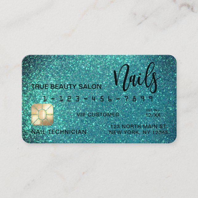 Glam Sparkly Teal Glitter Kredit Card Nagel Tech Visitkort (Framsida)