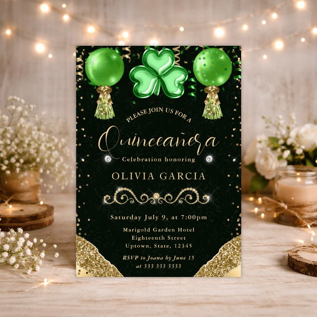 Glam St Patricks Ballonger Quinceanera Inbjudningar (Skapare uppladdad)