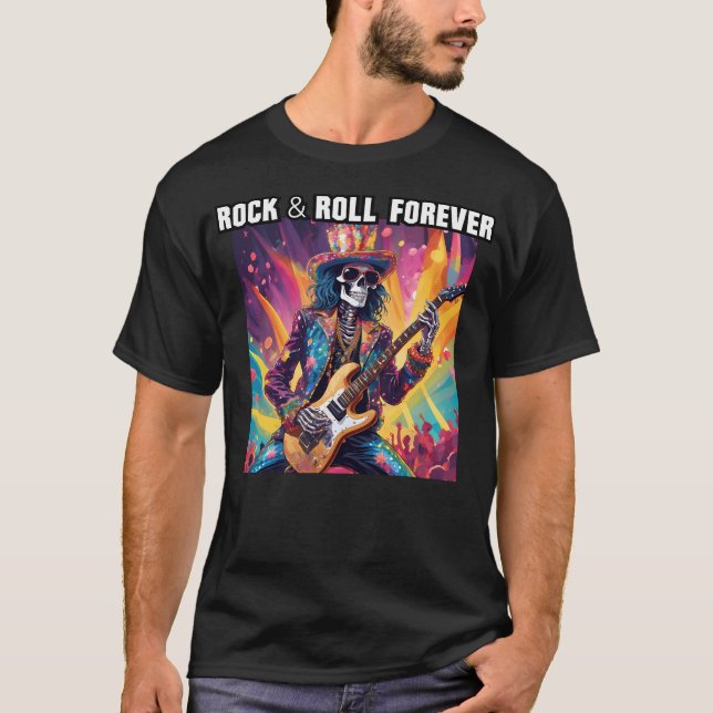 Glam Sten Skeleton Guitarist Rock and roll Forever T Shirt (Framsida)
