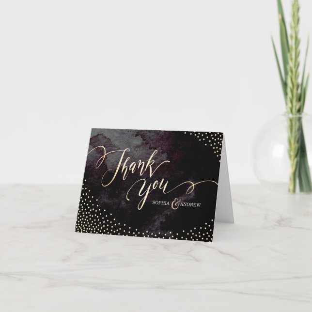Glam svart falskt guld glitter kalligrafi tack kort (Framsida)