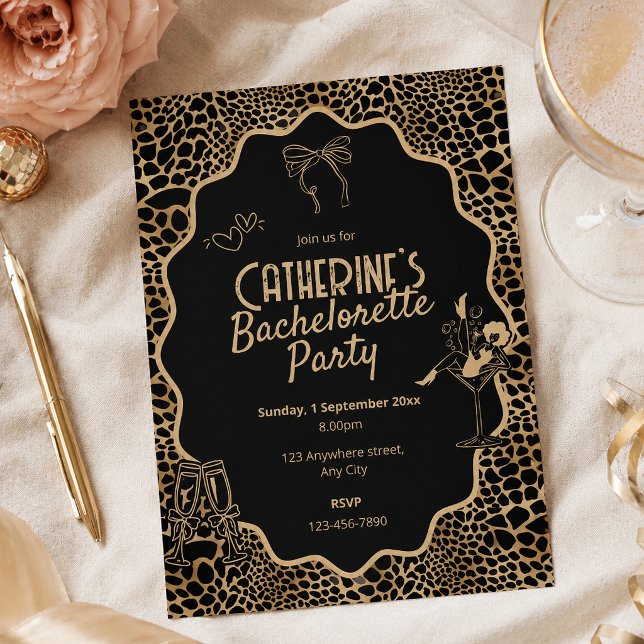 Glam Svart & Guld Leopardtryck Möhippafest Inbjudningar (Glam Black & Gold Leopard Print Bachelorette Party Invitation)