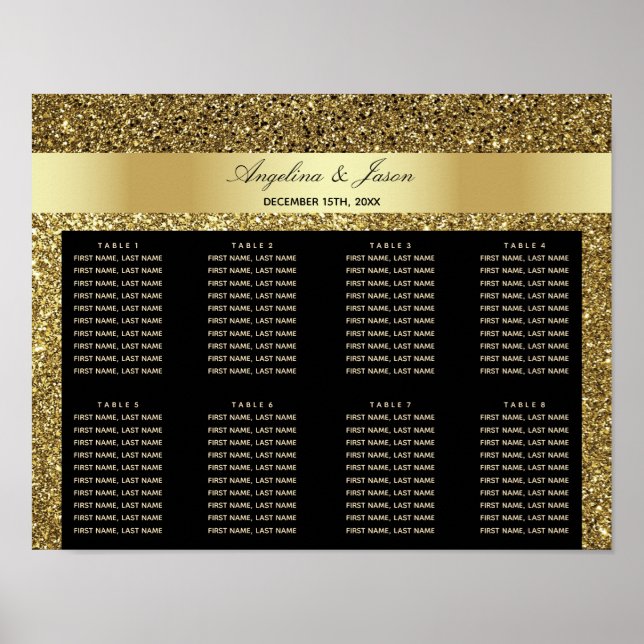 Glam Svart och Guld Glitter Bröllops Sittplatssche Poster (Framsidan)