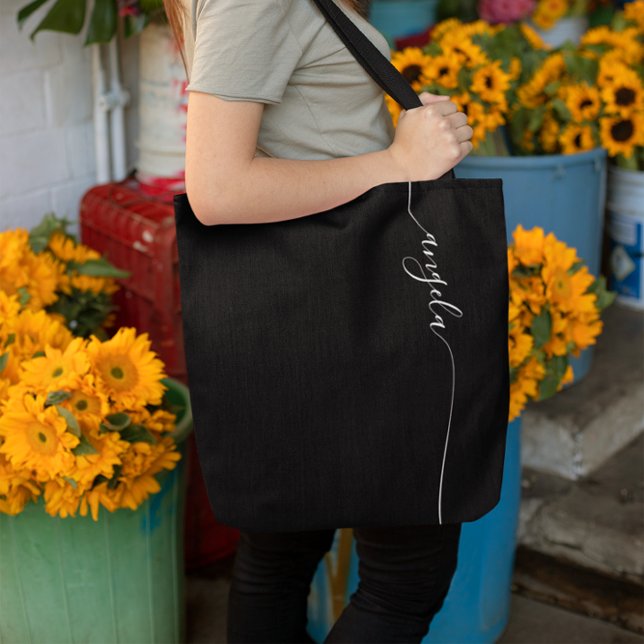 Glam, svart och vit Elegant Namnteckning Tygkasse (Black and White Elegant Glam Signature Tote Bag)