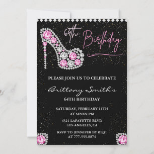 Glam Svart Rosa Silver Diamant 64-årsdag Inbjudningar
