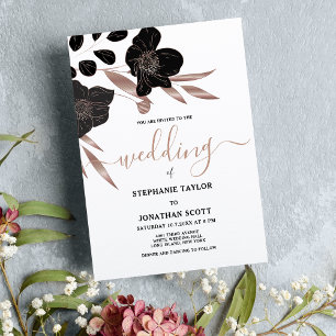 Glam svartvit ro guld blommigt elegant bröllop inbjudningar