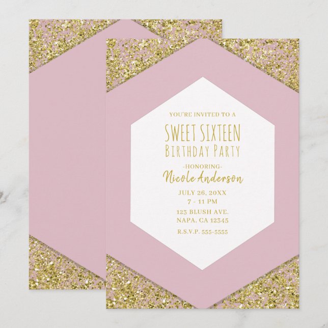 Glam Sweet 16 Party vid  Rosa Guld Glitter Inbjudningar (Fram/baksida)