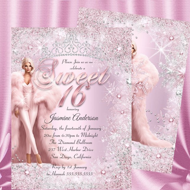 Glam Sweet 16 Rosa Silver Winter Wonderland Tiara Inbjudningar (Skapare uppladdad)