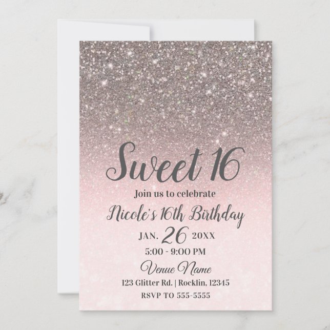 Glam Sweet 16 vid silver och  Rosa Glitter Gnistra Inbjudningar (Framsida)