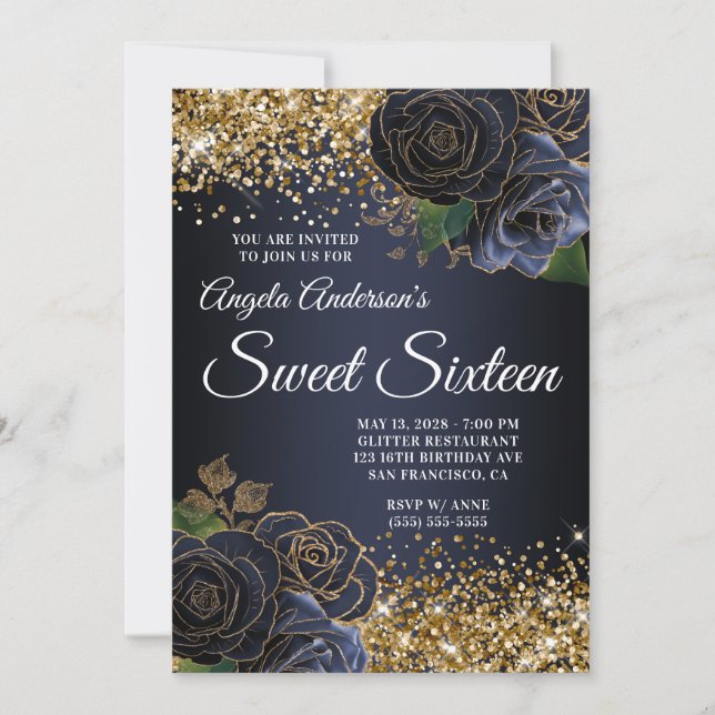 Glam Sweet sixteen för blått Blommigt i guld Glitt Inbjudningar (Framsida)