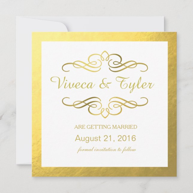 Glam Swirly Flourish Gold Foil Save Date Spara Datumet (Framsida)