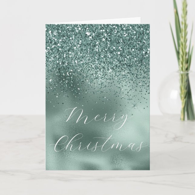 Glam Teal Aqua Gräs Grönt Glitzy Glitter Kort (Framsida)