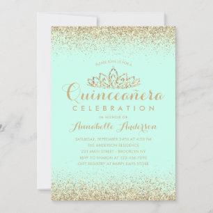 Glam Teal Aqua Quinceañera Guld Tiara Glitter Inbjudningar