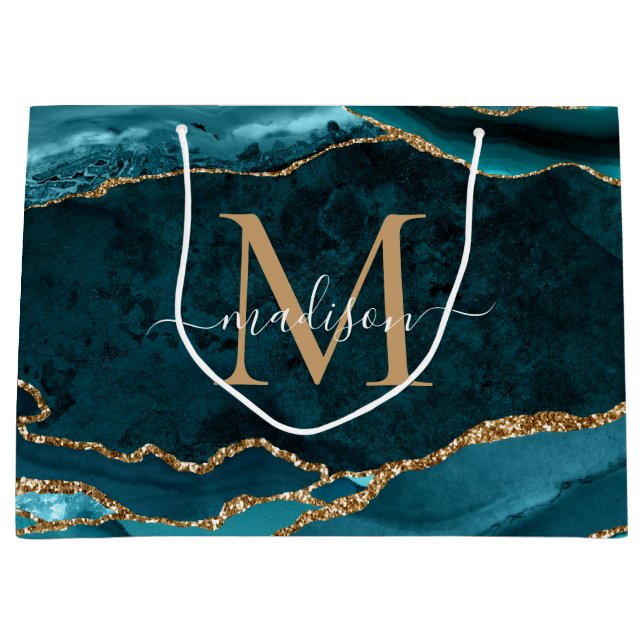 Glam Teal Grönt Guld Glitter Agate Geode Monogram (Framsidan)
