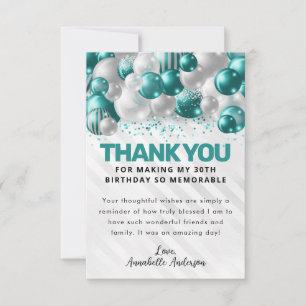 Glam Teal Grönt Silver Balloon Glitter Birthday Tack Kort