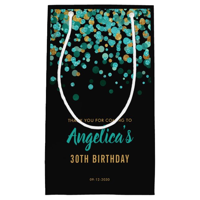 Glam Teal Guld Glitter Confetti Black Birthday (Framsidan)