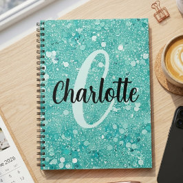 Glam Teal Mint Falskt Glitter Gnistrande Monogram  Anteckningsbok
